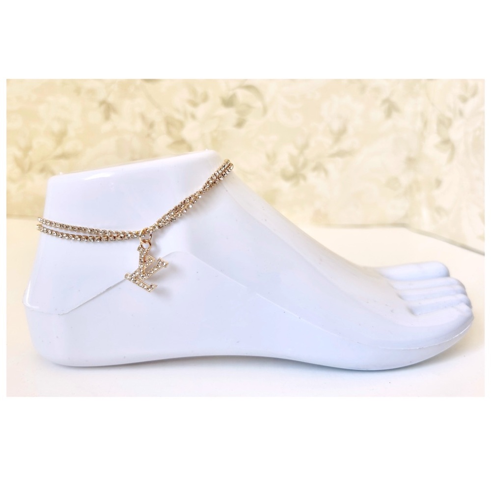 Brand New Laser Cut Rhinestone LV Ankle Bracelet